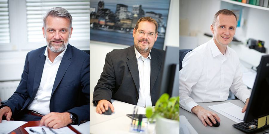 Ing. Gerald Mari, Geschäftsführer Österreich, Jürgen Lumplecker, technischer Vertriebsleiter, und Thomas Gruhn, Geschäftsführer Deutschland der AEROTEC-EUROPA Gesellschaft für lufttechnischen Systembau mbH