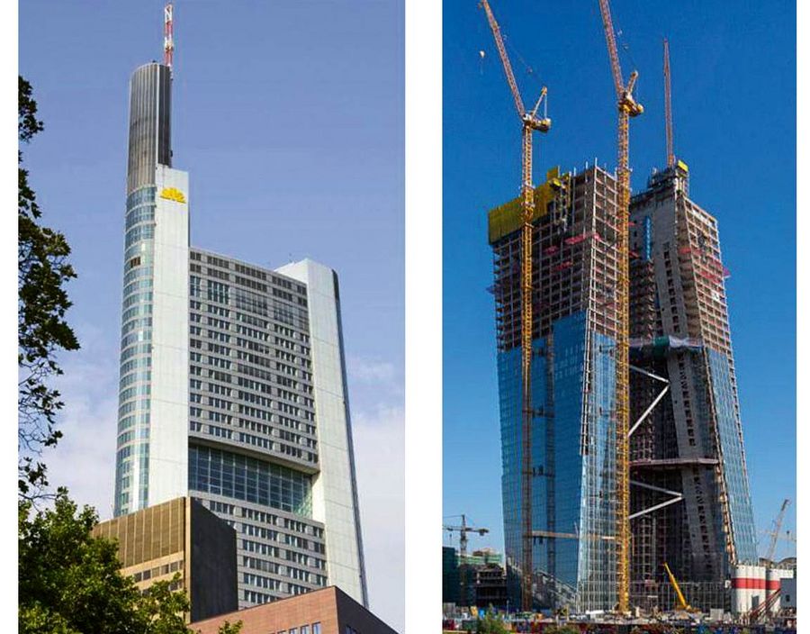 Links: Nur 60 cm Abstand zum Nachbargebäude, eine besondere Herausforderung beim Bau das Commerzbank, Frankfurt/ Rechts: Ein solides Fundament für den Euro, die Europäische Zentralbank in Frankfurt