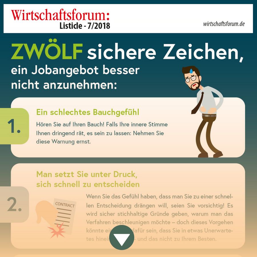 Listicle 7/2018 - Zwölf sichere Zeichen, ein Jobangebot besser nicht anzunehmen Listicle 7/2018 - Zwölf sichere Zeichen, ein Jobangebot besser nicht anzunehmen