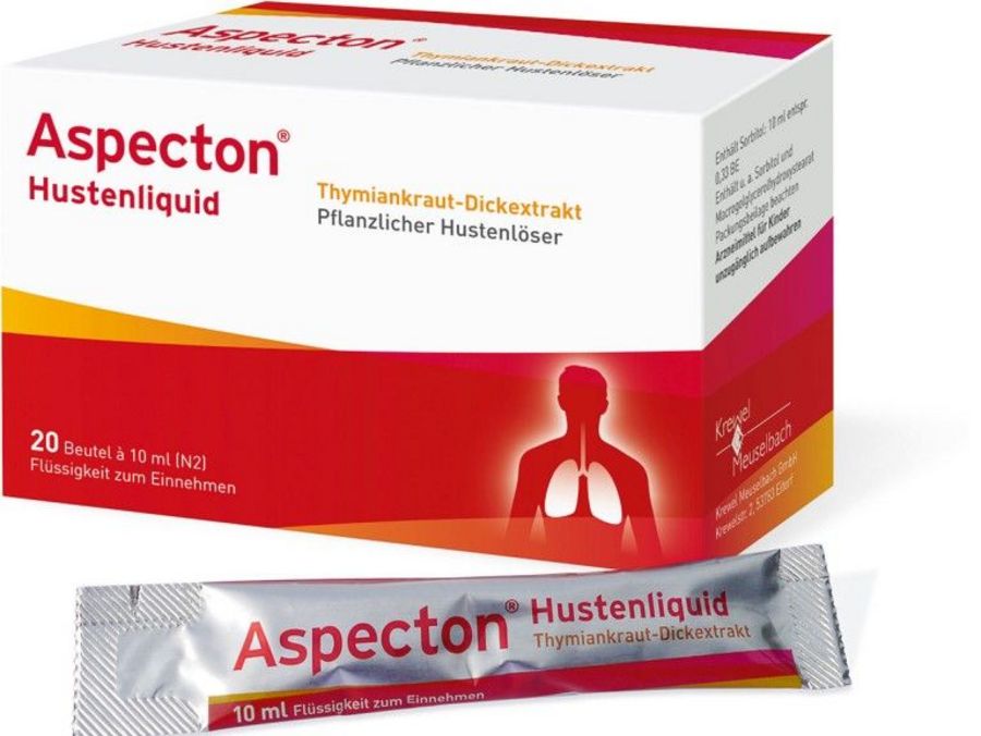 Die Aspecton®-Linie umfasst auch einen Hustensaft aus Thymiankrautextrakt, der bei akuter Bronchitis und Husten eingesetzt wird