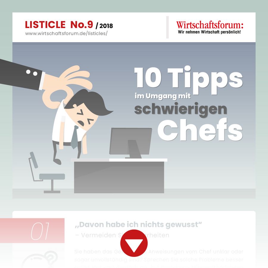Listicle 9/2018 - 10 Tipps im Umgang mit schwierigen Chefs Listicle 9/2018 - 10 Tipps im Umgang mit schwierigen Chefs