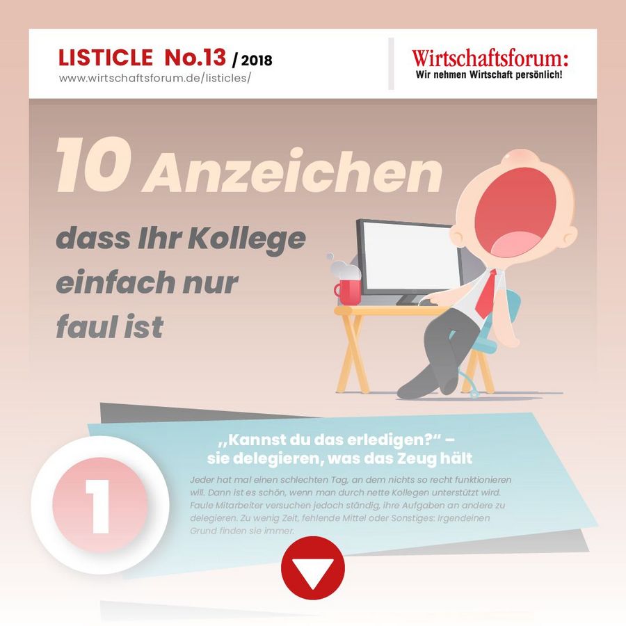 Listicle 13/2018 - 10 Sätze, die Sie von faulen Kollegen immer wieder hören Listicle 13/2018 - 10 Sätze, die Sie von faulen Kollegen immer wieder hören