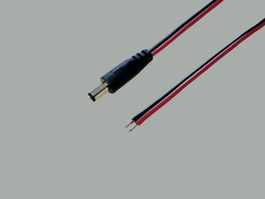 DC-Anschlusskabel mit Stecker auf offenes Ende DC-Stecker gerade 2,1x5,5mm, 2x0,4mm², rot/schwarz, 2m, Enden verzinnt