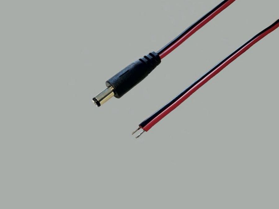 DC-Anschlusskabel mit Stecker auf offenes Ende DC-Stecker gerade 2,1x5,5mm, 2x0,4mm², rot/schwarz, 2m, Enden verzinnt DC-Anschlusskabel mit Stecker auf offenes Ende DC-Stecker gerade 2,1x5,5mm, 2x0,4mm², rot/schwarz, 2m, Enden verzinnt