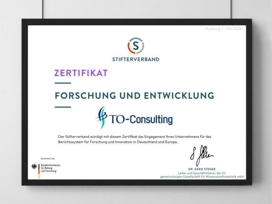 Auszeichnung durch den Stifterverband für TO-Consulting - Zertifikat "Forschung und Entwicklung" Auszeichnung durch den Stifterverband für TO-Consulting - Zertifikat "Forschung und Entwicklung"