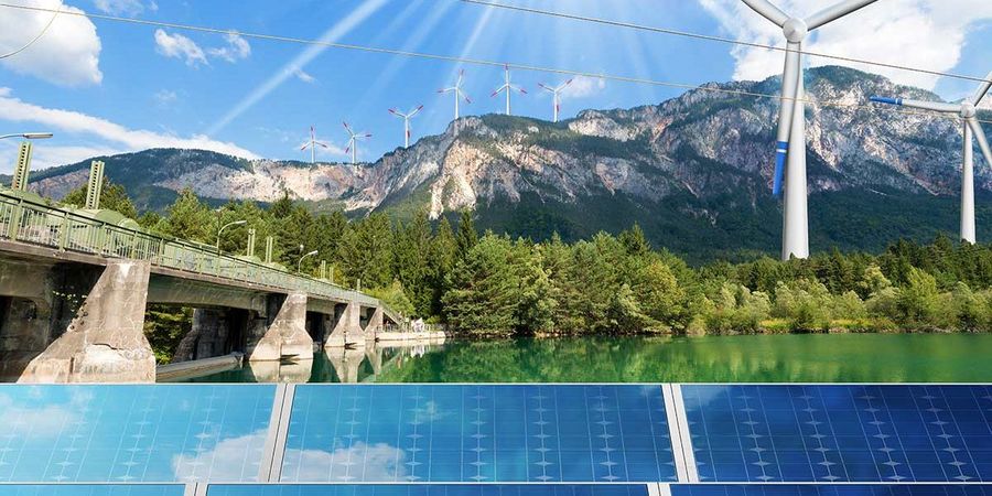Erneuerbare Energie Sonnenlicht mit Solar-Panel und Windturbine Erneuerbare Energie Sonnenlicht mit Solar-Panel und Windturbine