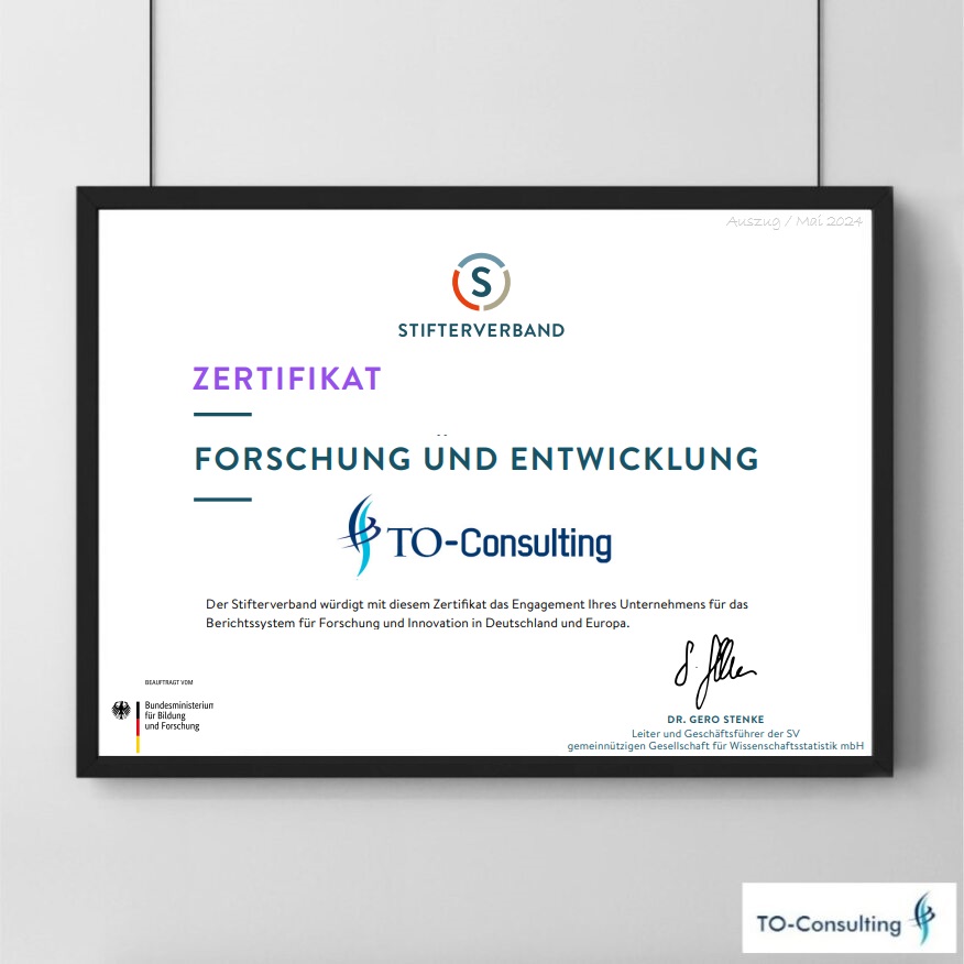 Auszeichnung durch den Stifterverband für TO-Consulting - Zertifikat "Forschung und Entwicklung"