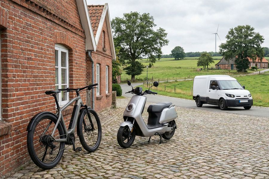 E-Bike, Elektroroller und Elektrotransporter in ländlicher Umgebung als Symbol für Elektromobilität