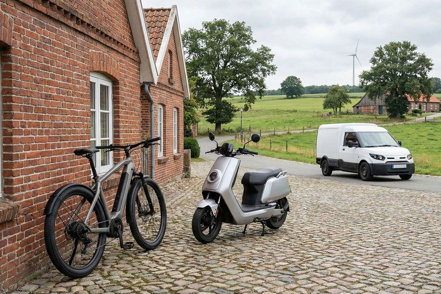 Elektromobilität im ländlichen Raum E-Bike, Elektroroller und Elektrotransporter in ländlicher Umgebung als Symbol für Elektromobilität