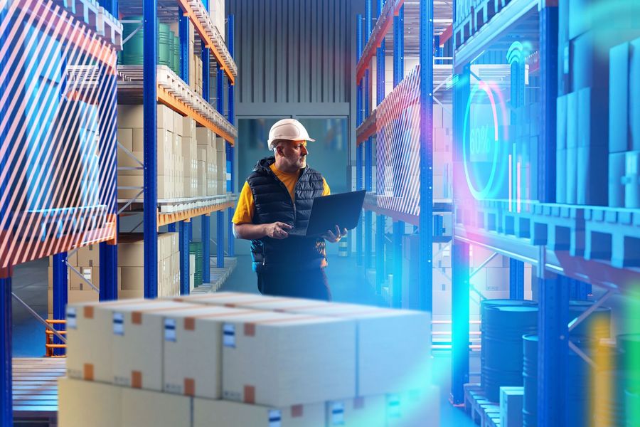 Digitale Lagerlogistik und Automatisierung Mitarbeiter mit Laptop in einem Lager vor Regalen und digitalen Datenanzeigen