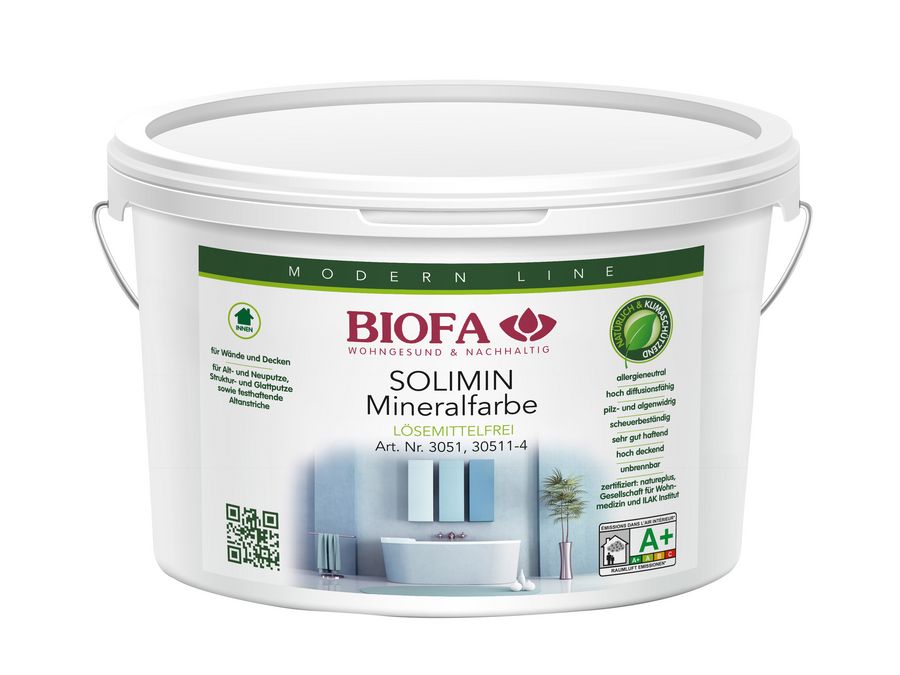 BIOFA SOLIMIN Mineralfarbe lösemittelfrei, 3051 weiß und 30511-4 farbig BIOFA SOLIMIN Mineralfarbe lösemittelfrei, 3051 weiß und 30511-4 farbig