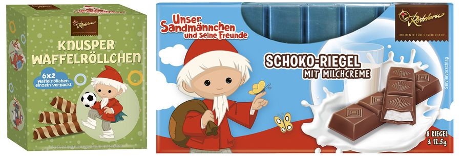 Rotstern Schokoladen GmbH & Co. KG Sandmann Knusper Waffelröllchen und Schokoriegel 